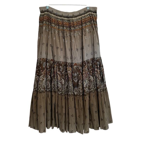 Soft Surroundings Tiered Beaded Maxi Skirt Womens Large Paisley Prairie Boho - Picture 1 of 7